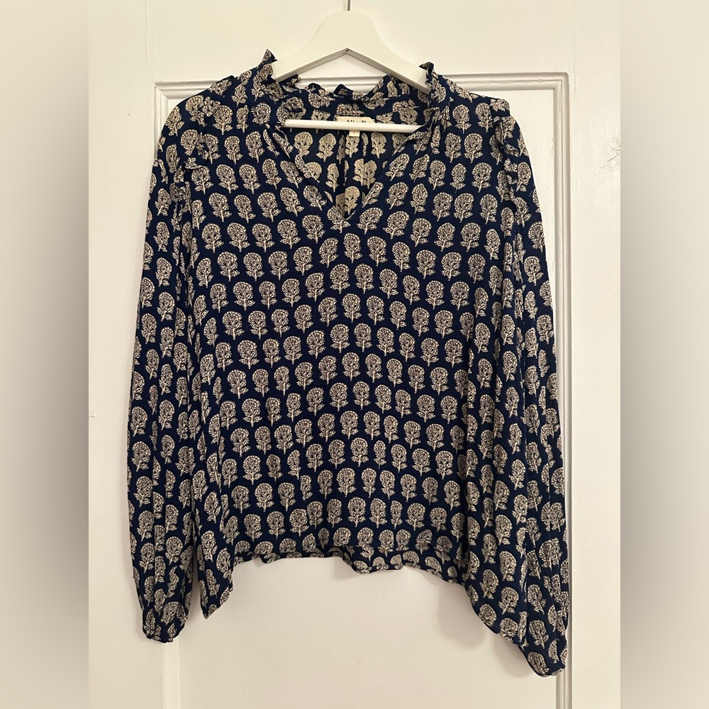 Navy and Cream Patterned Women's Top